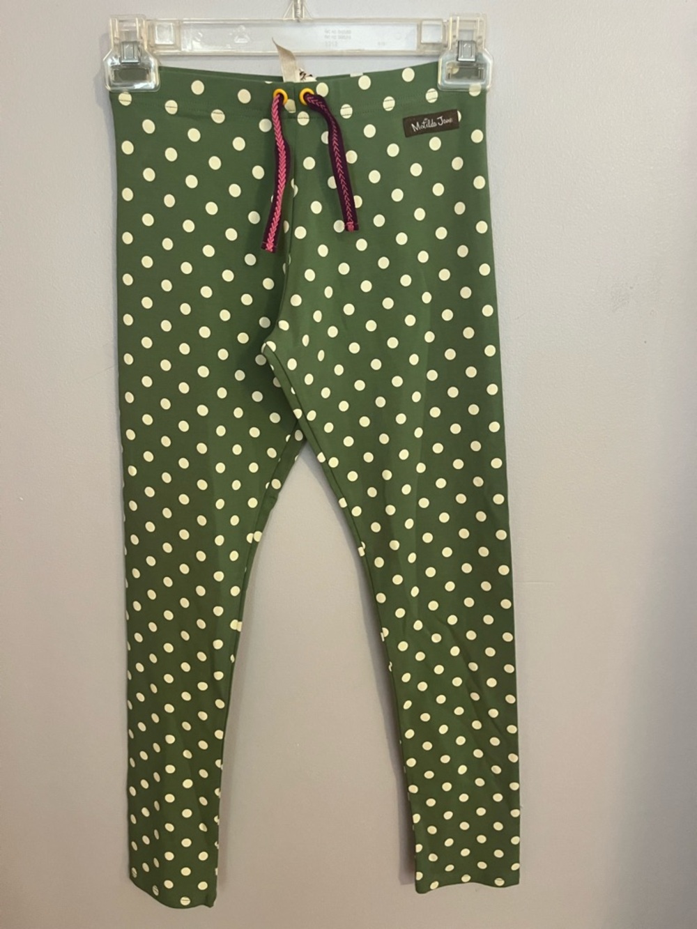 Matilda Jane Olive Green Polka Dot Leggings with Cream Spots and Pink Drawstring